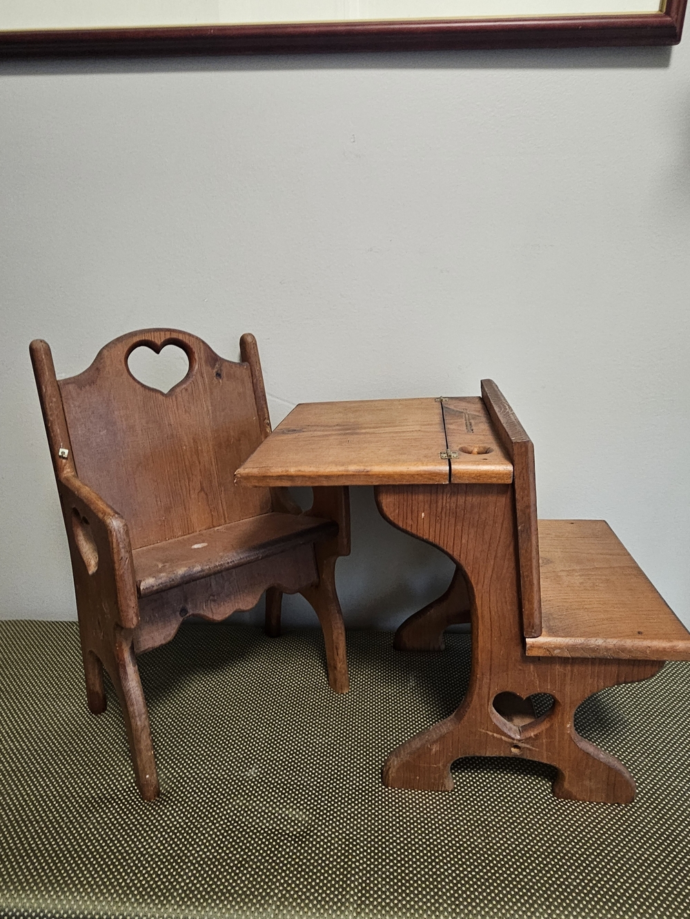 Doll Sized Wooden Heart-Accent Desk and Chair Set - Brown